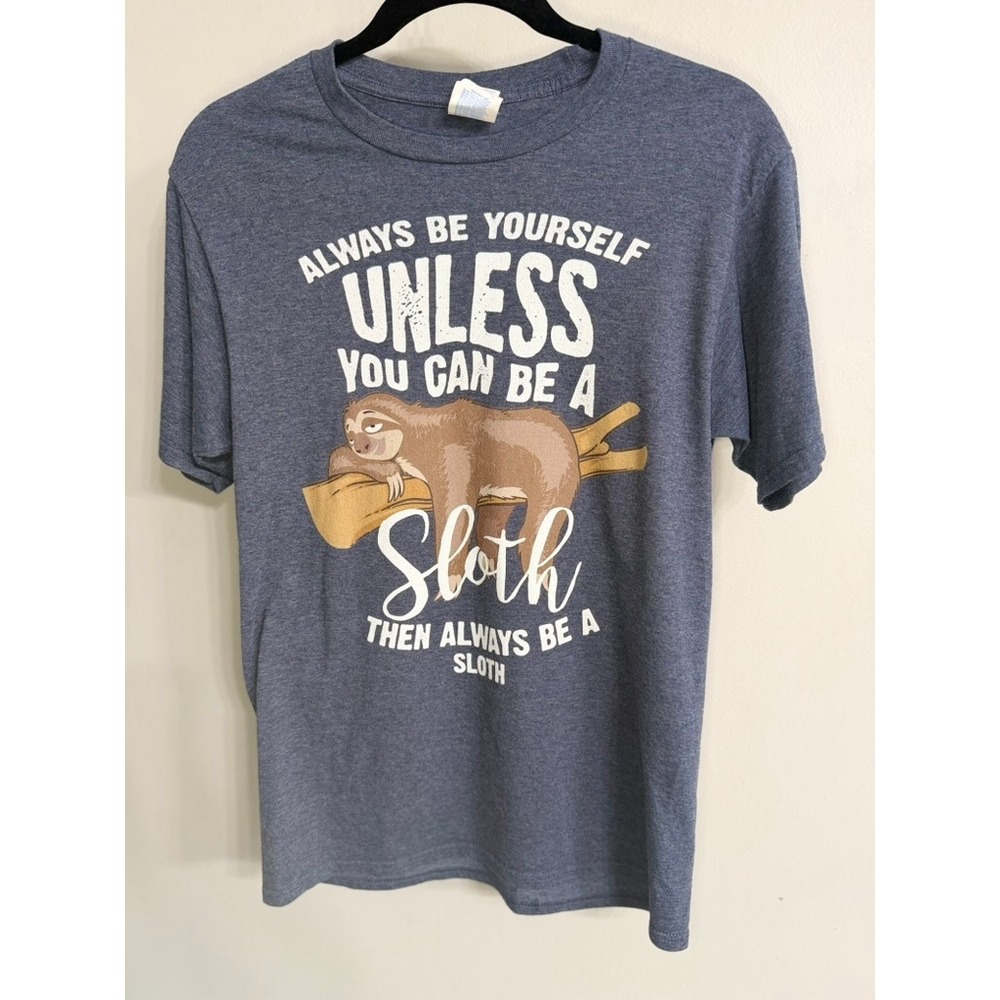Port & Company Sloth Graphic T-Shirt Blue Heather Always Be Yourself Mens Small